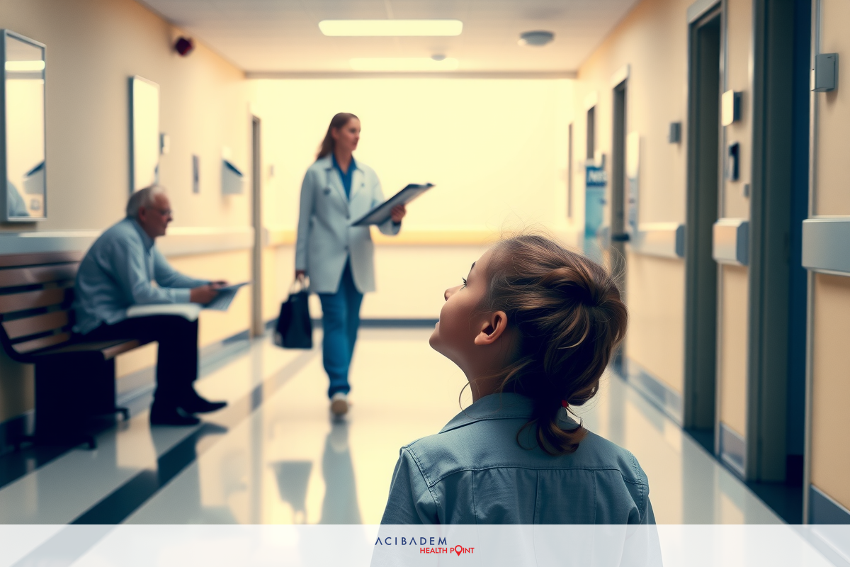The image depicts an indoor scene in a hospital setting. There is a young girl wearing a blue shirt standing near the center of the frame, looking up at a woman who appears to be a healthcare professional. The woman is holding papers or documents and is focused on her task. To the left of the girl, there is an elderly man seated on a bench, seemingly waiting or resting. The background reveals the typical clinical environment with medical equipment and other patients visible in the periphery.