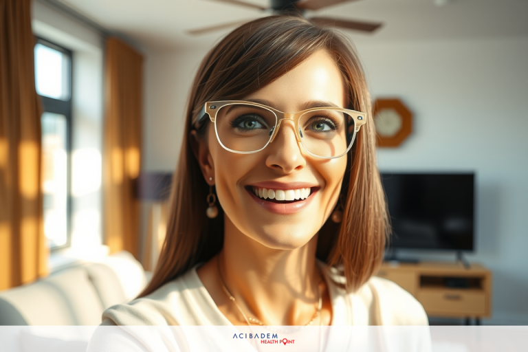In the image, there is a woman who is smiling and appears to be in her home. She has glasses on, which are black with white detailing. The environment suggests a modern living room setting with a comfortable ambiance.
