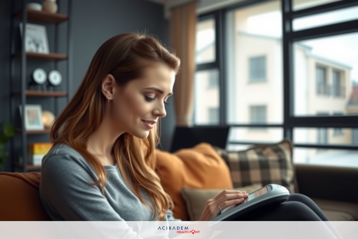 A young woman with long blonde hair is sitting on a sofa in an indoor setting. She is dressed in casual attire, wearing a grey sweater and black pants. In her hands, she holds what appears to be a tablet or book that she is reading from.