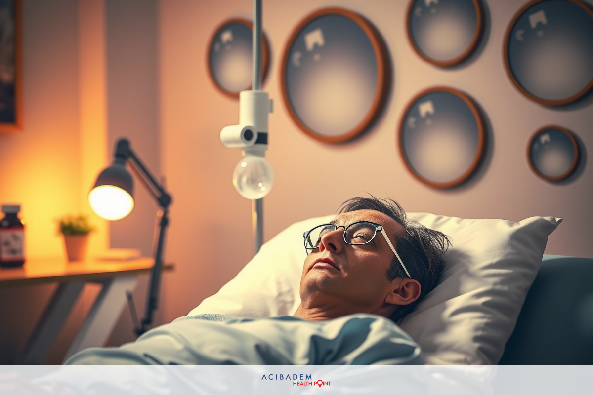 This image depicts a male patient lying in a hospital bed. He has oxygen tubes connected to his nose, indicating that he is possibly receiving treatment or recovery from an illness or injury. The room has medical equipment and wall decorations. There is a window behind the patient with curtains drawn. A lamp on the nightstand provides soft lighting, creating a calm and sterile environment.