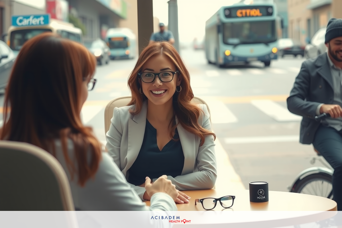 The painting features an outdoor setting where a modern city street is visible. There are two women chatting at a table on a sidewalk. One woman appears to be wearing glasses and is sitting, while the other woman is sitting across from her.