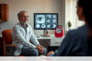 A man in a white coat sits at a table with a woman sitting across from him. The office has medical equipment such as a computer monitor and a clock on the table. It looks like an eye exam scenario.