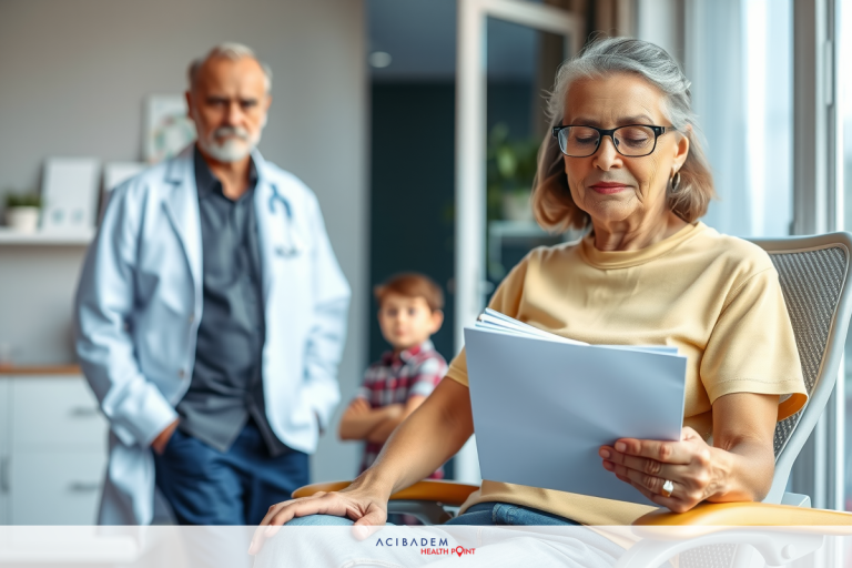 How Old is Too Old for LASIK Eye Surgery The image depicts a clinical setting where a medical professional and an elderly patient are engaged in a conversation. The patient is seated, wearing glasses and holding some paperwork, likely reading it or discussing it with the doctor who stands beside her.