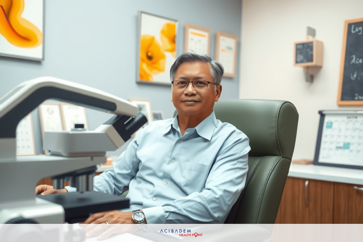 This is a photo of an Asian man sitting in an office chair. He appears to be behind a workstation with various pieces of equipment that suggest he might be involved in some sort of medical or scientific field, such as optometry or biometrics. The environment suggests a professional setting.