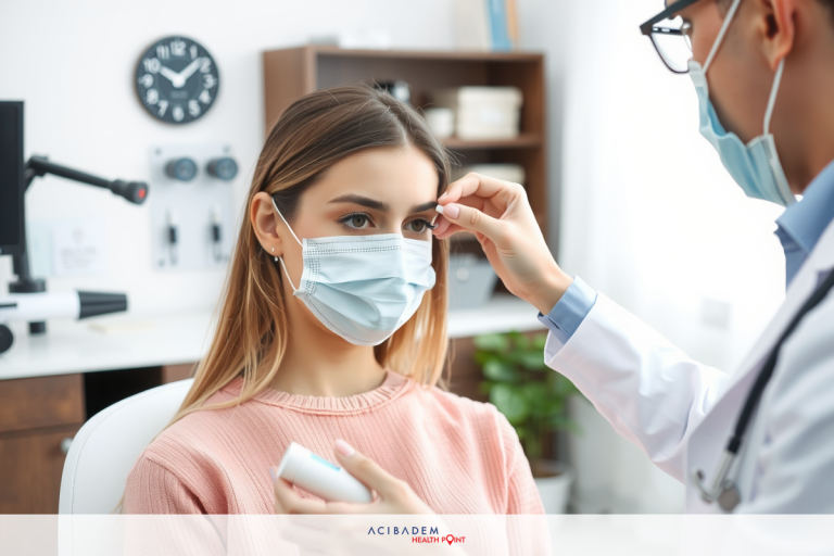 A medical doctor, performing an eye exam on a patient. The room is equipped with standard medical equipment and the setting suggests a professional healthcare environment.