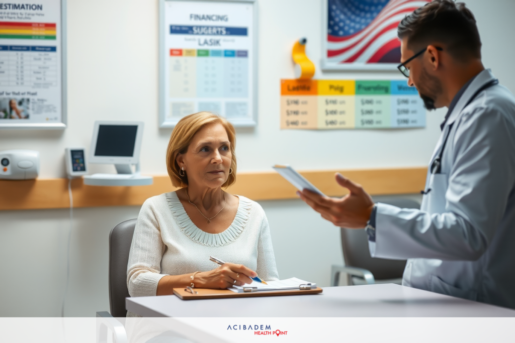 How Much Cost for LASIK Eye Surgery in Chennai The image depicts a clinical setting, likely a medical office. Two individuals are visible: an older woman and a man who appears to be a doctor or nurse, indicated by his professional attire which includes a lab coat. They seem to be engaged in a conversation, with the woman possibly receiving instructions or advice. The environment is well-lit, suggesting it could be an indoor clinic or hospital room. There are medical posters and equipment on the walls, further indicating a healthcare context.