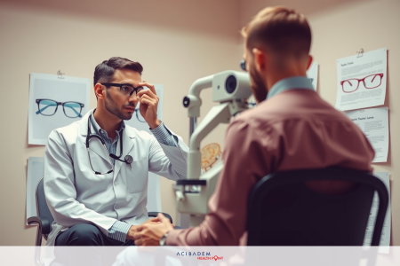 The image depicts an indoor setting, specifically a medical office with an ophthalmologist and a patient. The ophthalmologist is seated behind a desk with various eye care equipment and prescription glasses on display. The office has a clean and professional appearance with white walls and medical posters adorning the wall. Both individuals are focused on their interaction, indicating a clinical consultation taking place.