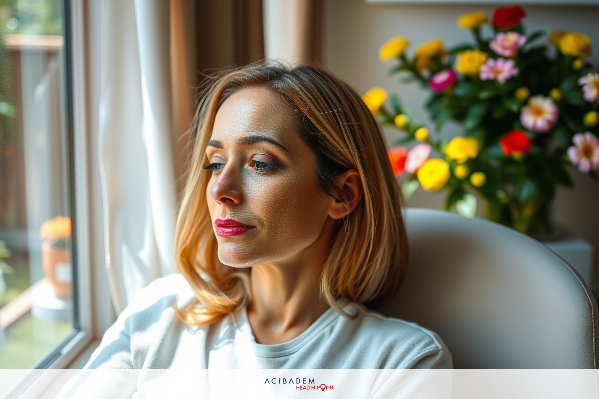 A woman in a white top sitting in a chair, looking out of the window with a thoughtful expression. She has short hair and her posture suggests relaxation. The room has warm natural light from the sun coming through a window with blinds partially drawn.
