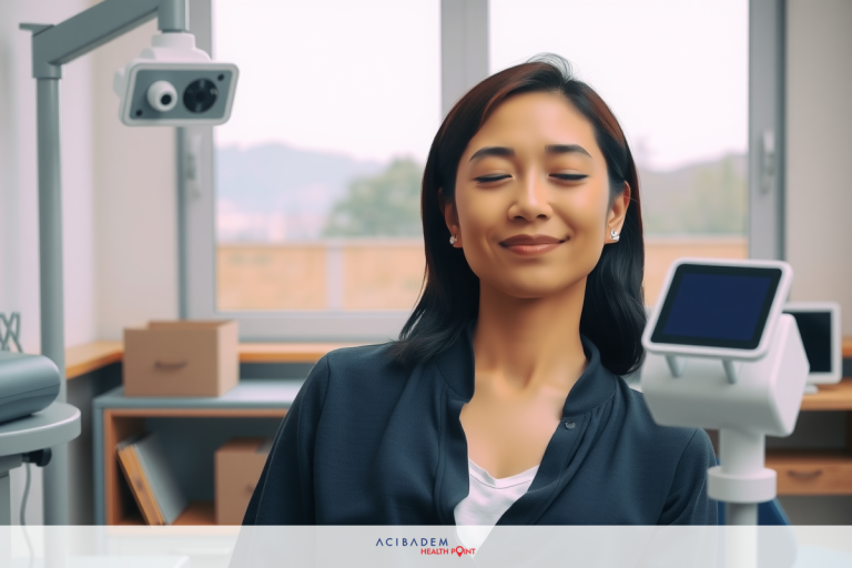 A woman sitting in a medical chair with a smile on her face, surrounded by medical equipment. She appears to be happy about getting her eye examination.