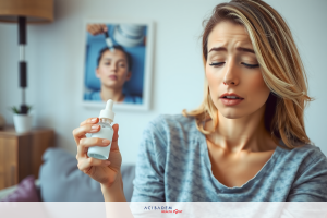 A woman is holding a bottle and appears to be experiencing an allergic reaction or irritation on her face. She appears anxious and possibly in pain, with her eyes closed and a slight grimace. The setting appears to be a modern home with contemporary furnishings.