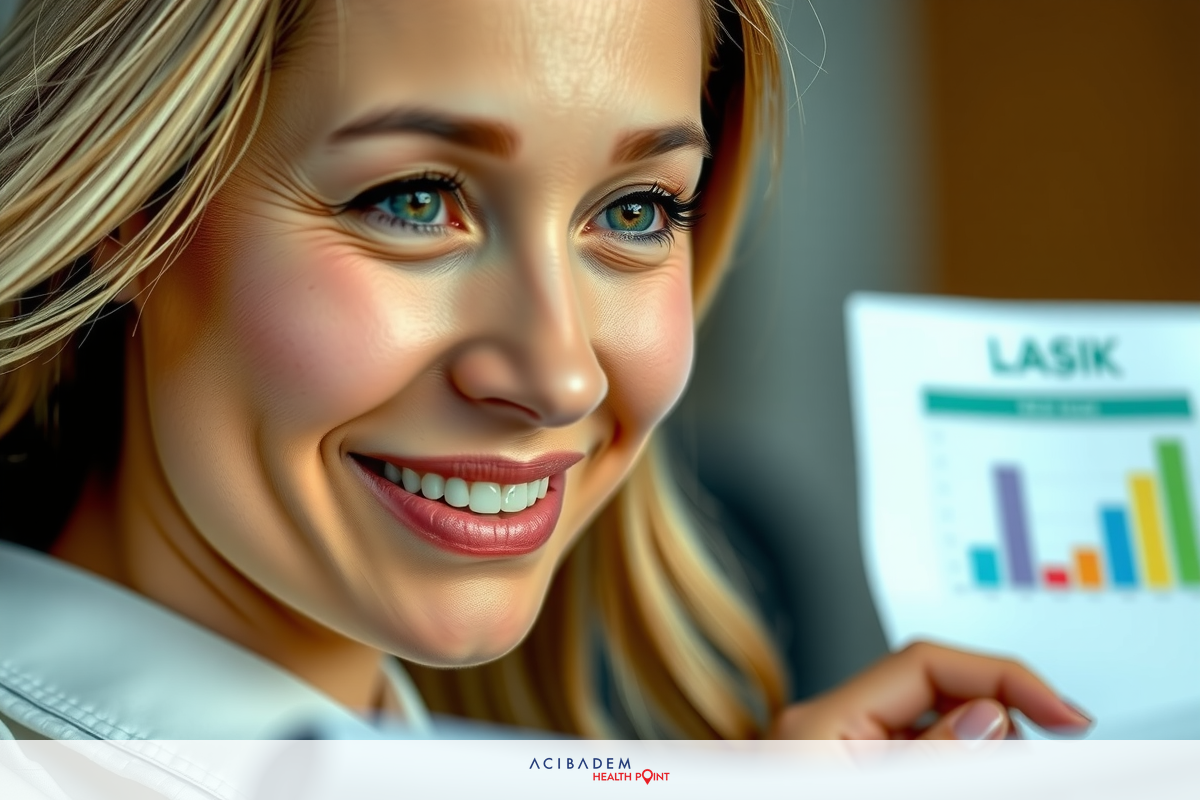 The image features a smiling woman in what appears to be an office environment. She is holding a clipboard with financial data, suggesting she might be reviewing business performance or analyzing market trends.