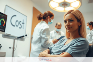 A medical professional sitting at a desk, surrounded by colleagues in a hospital environment. The focus is on the financial aspect of healthcare, with visible text that says 'COST'.