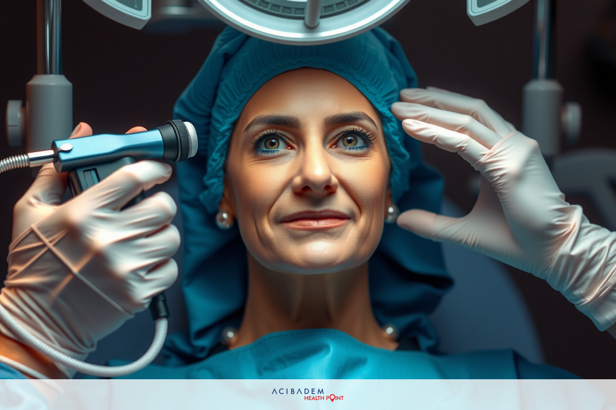 In the image, a woman is in an operating room setting. She's wearing surgical attire and appears to be undergoing a medical procedure.