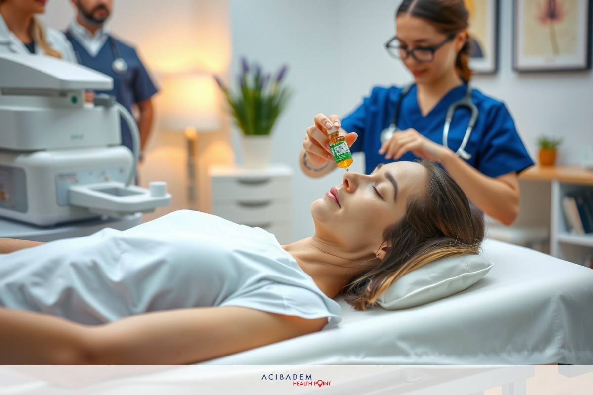 The image shows an indoor setting, likely a medical office. There is a patient lying down on a hospital bed with their head resting on a pillow. The patient's eyes are closed and they appear relaxed. A professional in scrubs is attending to the patient, possibly administering treatment or assisting with an examination. The environment includes medical equipment such as a scanner or x-ray machine. There are also decorative elements like potted plants that contribute to the calming atmosphere of the setting.