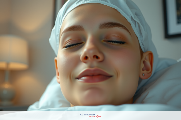 The image features a woman with her eyes closed, possibly indicating relaxation or sleep. She is lying down on a bed with white sheets and pillows. Her hair is dark, and she has a light beard stubble. The environment suggests an indoor setting, likely a bedroom or medical facility.