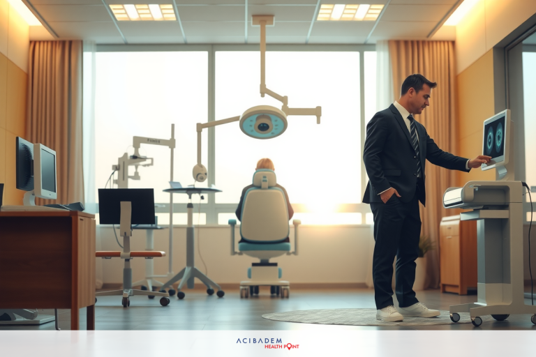 Is LASIK Eye Surgery Worth the Risk? The picture shows a modern medical office. A doctor is standing on the right, wearing a suit. A patient is waiting for the doctor in a patient chair, and there are various medical equipment such as an eye exam machine and other diagnostic devices.