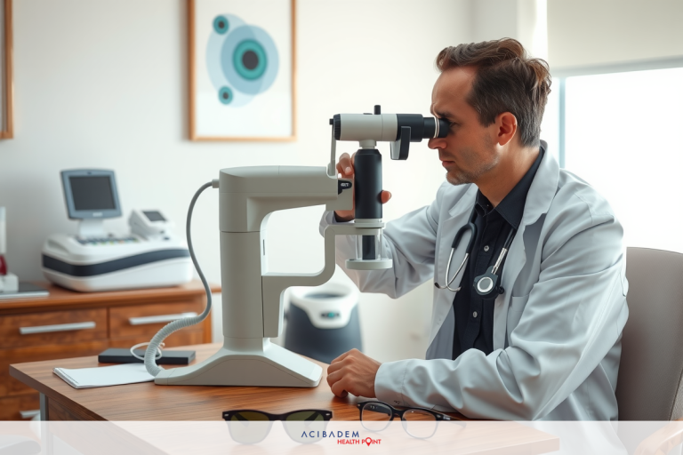 Does LASIK Eye Surgery Help Nearsightedness and Farsightedness? A man in a white lab coat is sitting at an eye examination station, using an optical device to examine eyes. The setting appears to be a modern optometry or ophthalmology office with medical equipment and charts visible.