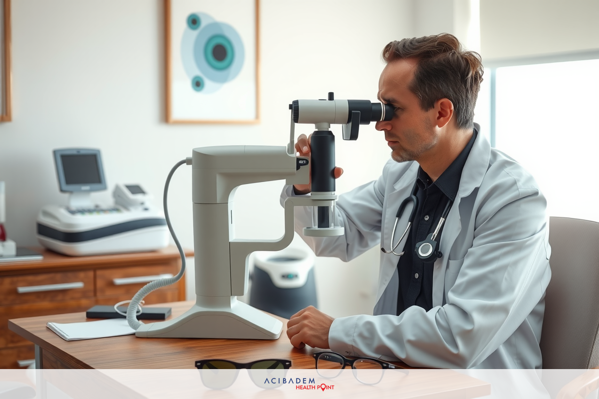 A man in a white lab coat is sitting at an eye examination station, using an optical device to examine eyes. The setting appears to be a modern optometry or ophthalmology office with medical equipment and charts visible.