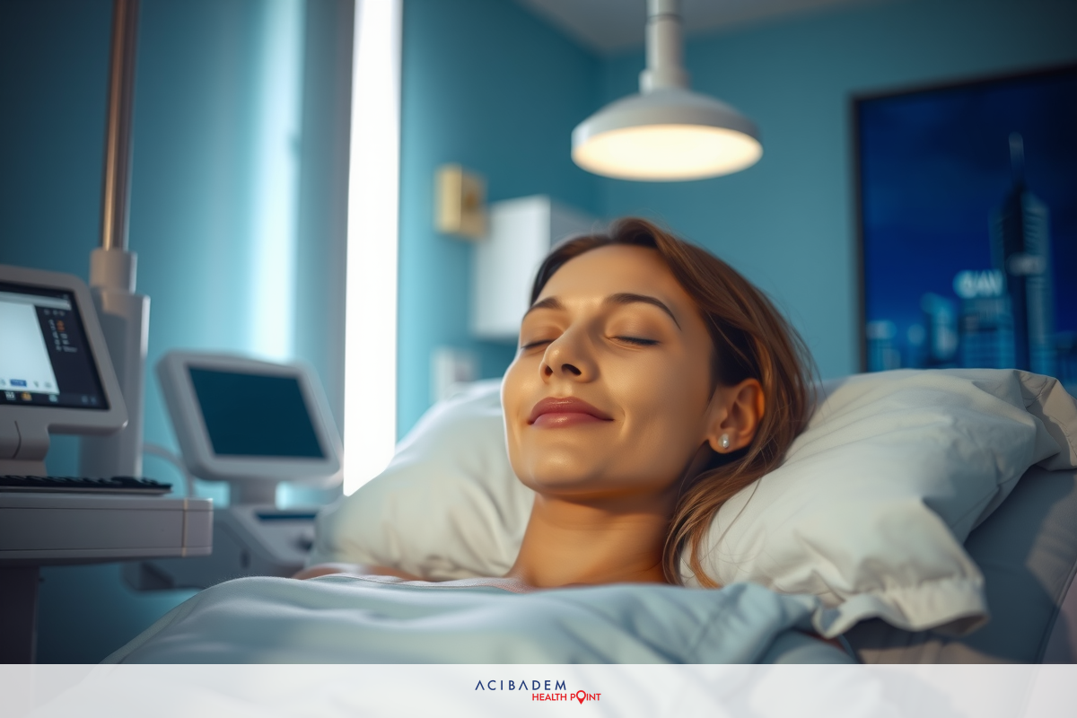 The image depicts a woman lying in a hospital bed, seemingly asleep.Being monitored with medical equipment, including at least one heart rate monitor. The room appears to be well-lit with natural light coming through a window.