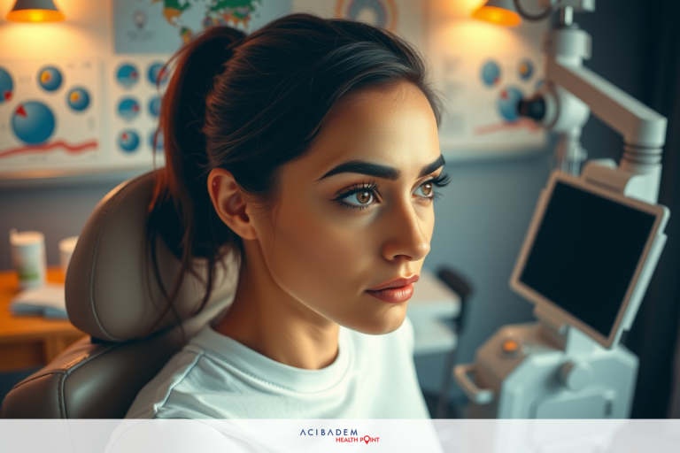 The image depicts a woman sitting in a medical chair, looking towards the camera with a serious expression. The setting is a medical office equipped with modern technology and patient monitoring devices.