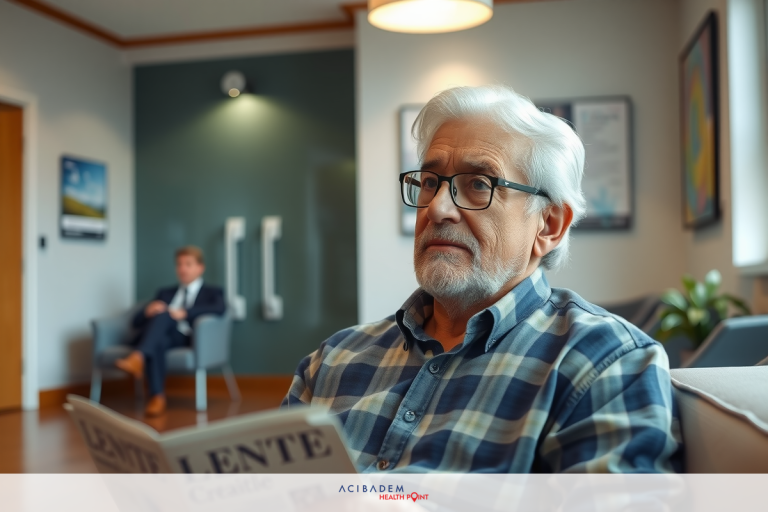 The image depicts an older man sitting in a modern office environment. He appears to be reading or looking at a piece of paper while wearing glasses. The room has a contemporary design with neutral colors and is furnished with minimalistic office furniture.