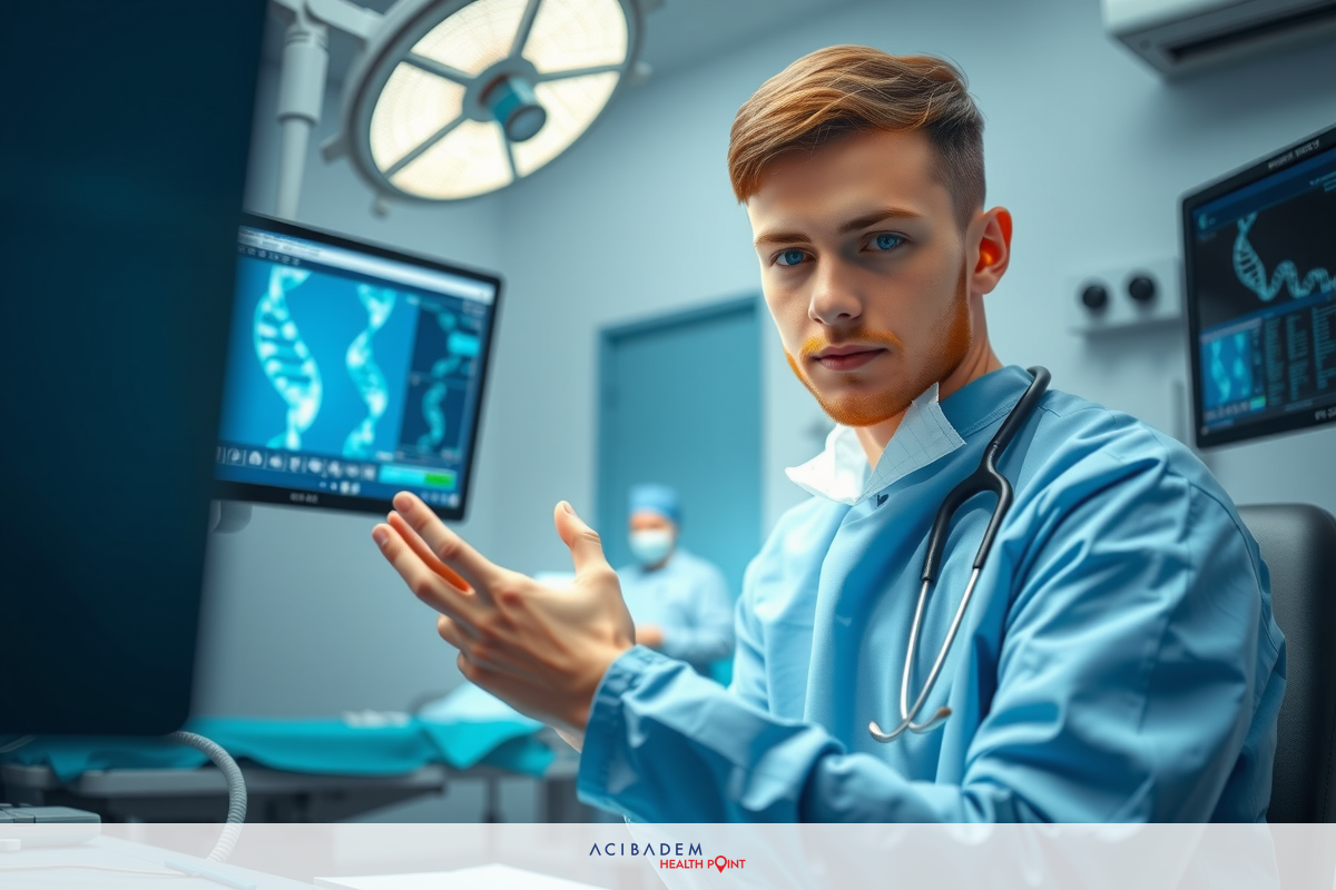 In the image, a young male doctor wearing a blue lab coat sits at a table with multiple screens showing medical images. He holds his hands together as if explaining something to the viewer. There is another person in the background, presumably preparing for treatment.