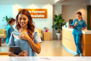 The image shows a healthcare setting with several medical professionals in scrubs. A female patient is smiling as she receives care, possibly from an iPad or tablet displayed on the counter. The environment suggests a well-lit and modern medical office.