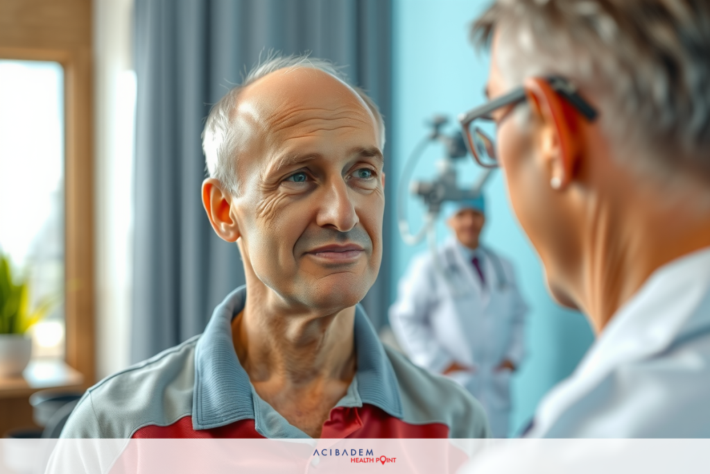 Does LASIK Help Old Eyes? The image depicts a medical consultation between two men in an examination room. Both individuals are focused on their conversation. The environment suggests a professional healthcare setting with medical instruments visible in the background.
