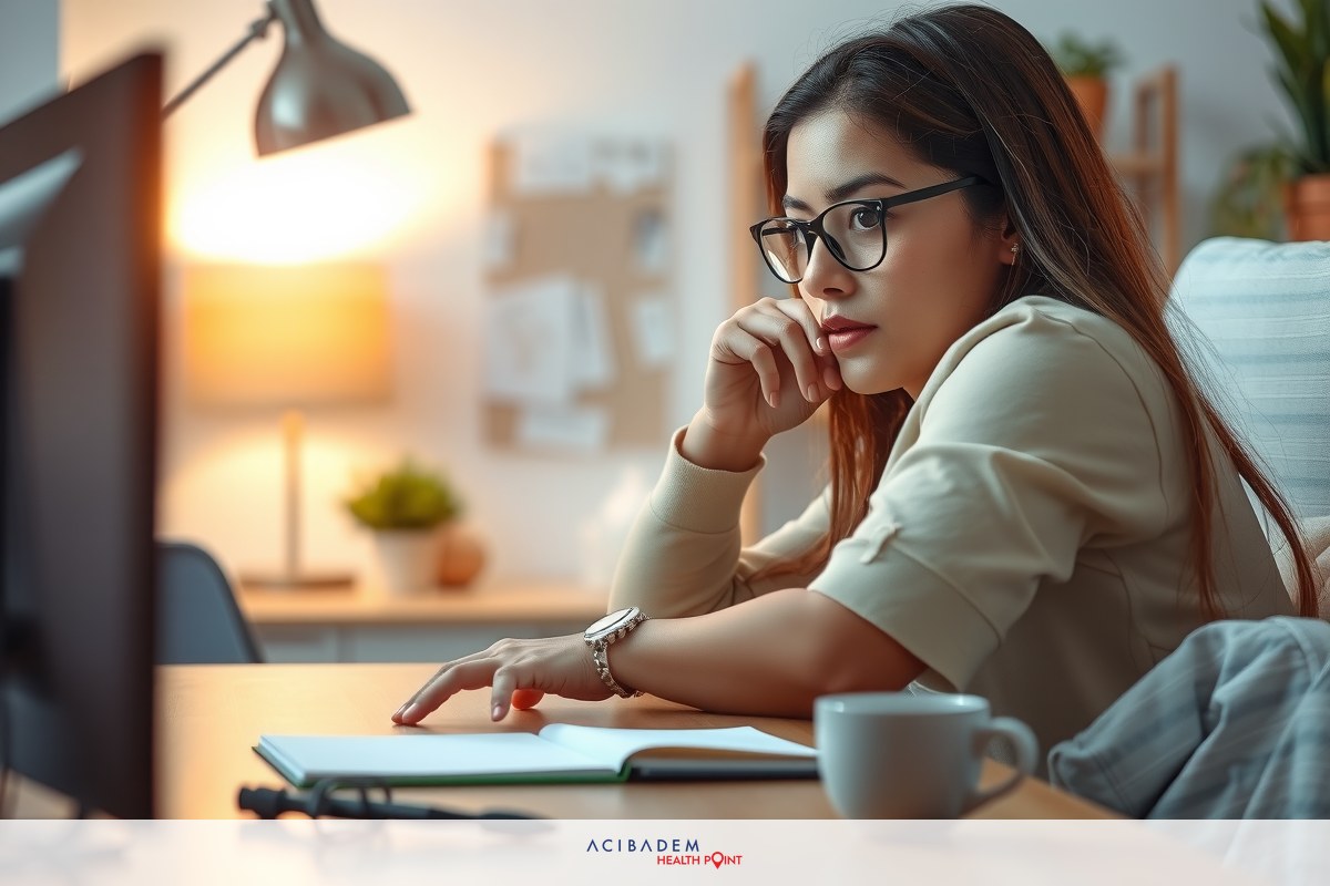 The image shows a young woman seated at her desk, deeply engrossed in her work on a computer. She is dressed in professional attire and has a thoughtful expression on her face as she gazes intently at the screen. The setting appears to be an office environment, with natural light coming from what seems like an open window or skylight.