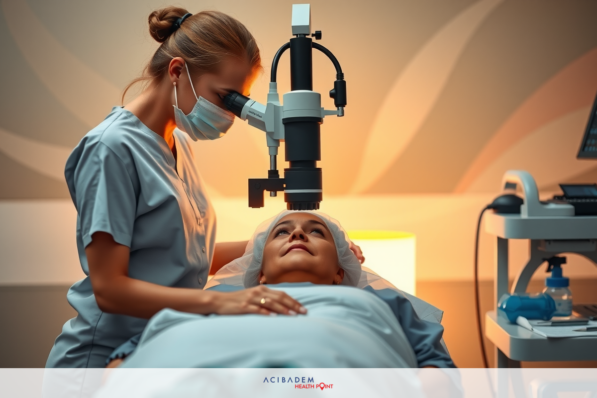 A medical professional examining a patient in an environment equipped for ophthalmic exams. The surgeon is wearing protective gear and looking through an ophthalmoscope to evaluate the eye health of the patient.