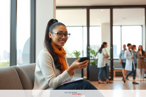 In a modern office environment with large windows allowing natural light to fill the space, a woman is seated on a comfortable couch.
