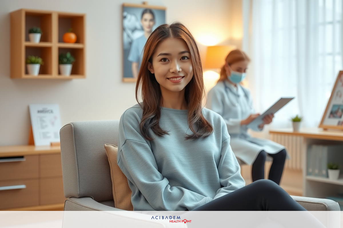 A young woman sitting on a couch in an office environment, smiling and looking towards the camera. The room has modern decor with wood shelving holding various items like potted plants, books, and personal photographs.