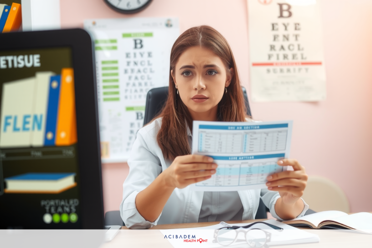 The image depicts a young woman sitting at a desk in an office setting. She appears to be looking at a screen with a confused expression on her face. The setting suggests that she may be working, possibly dealing with financial documents or data analysis.