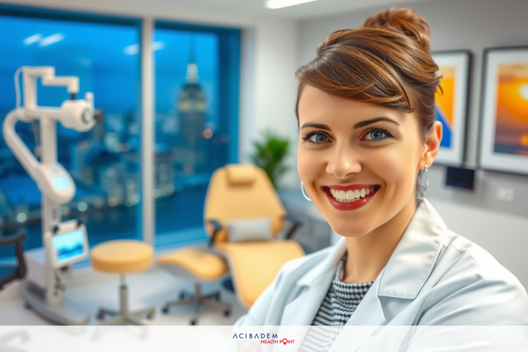 The image shows a woman standing in an office environment, which appears to be equipped with advanced medical equipment. The setting suggests a professional office or clinic.