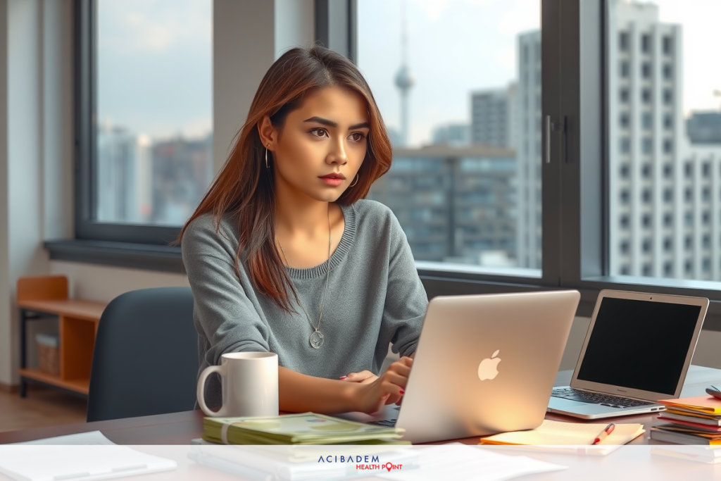 Does Health Insurance Cover BBL Surgery? A woman in a modern office setting, focused on her laptop. She is dressed casually in a grey sweater and has a coffee mug nearby.
