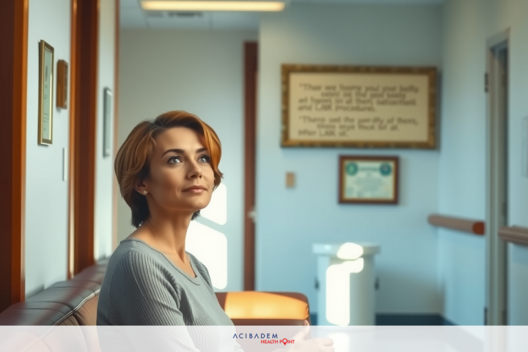 The image depicts a woman seated on a couch in an indoor setting. She appears to be looking off to the side with a thoughtful expression. The room has a clinical feel, with medical posters and equipment visible. There is a framed document or certificate on the wall behind her. The color palette is neutral, with shades of white, gray, and blue dominating the scene.