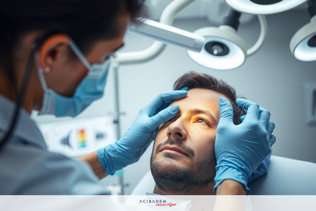 Do I Have to Stay Awake During LASIK Eye Surgery? The image depicts a medical setting where a patient is seated in a chair, being examined by a professional who appears to be a doctor.