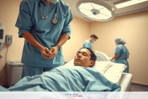 Medical scene in a hospital setting. An anesthesiologist is attending to a patient on the operating table, surrounded by medical personnel.