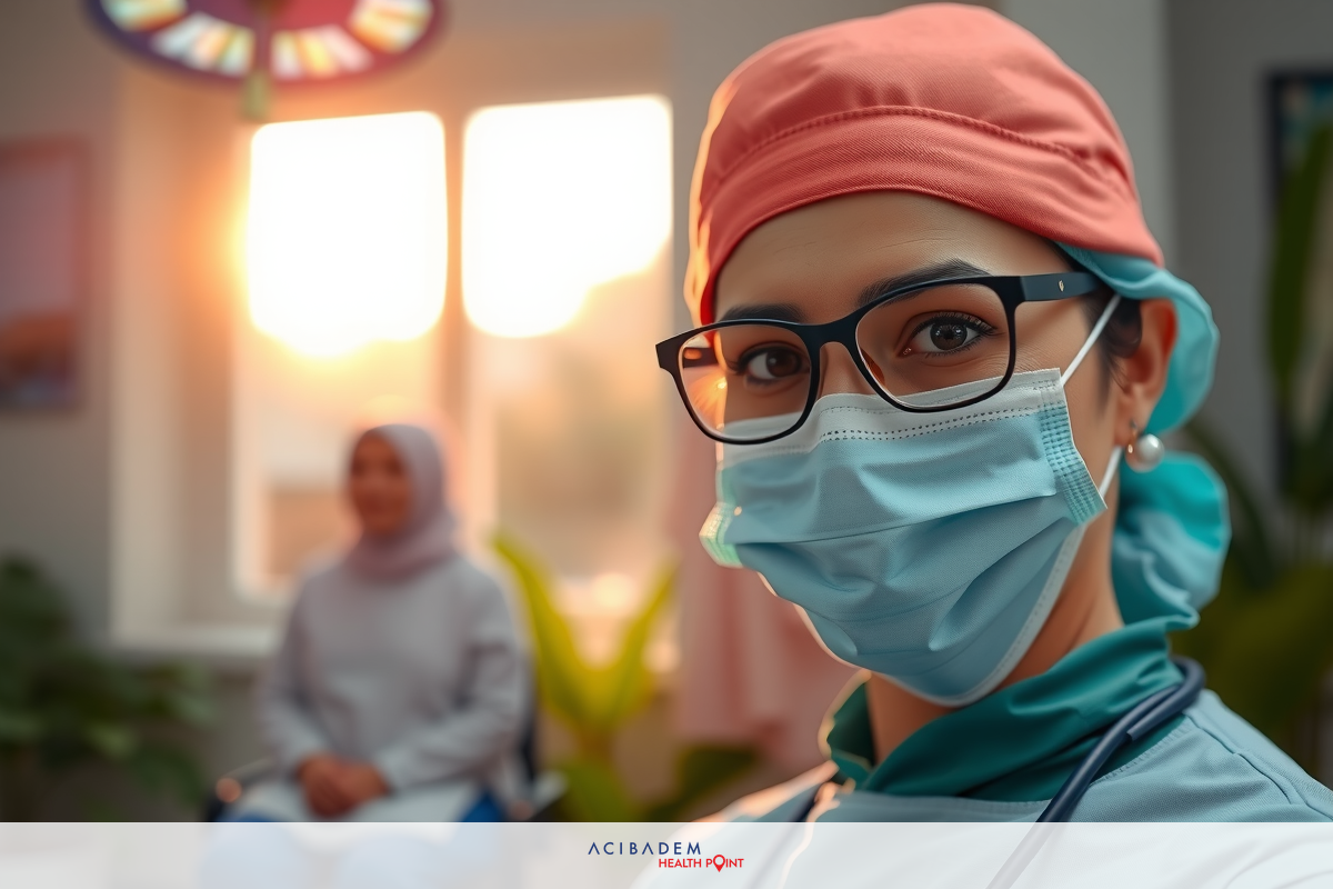 The image shows a female healthcare professional wearing a surgical mask, cap, goggles, and gloves. She appears to be standing in an examination room with natural light coming through a window.