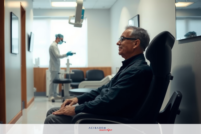 In the image, an elderly man wearing glasses sits in a patient chair. He appears to be waiting for or receiving a service from a doctor who is out of frame. The room has clinical white walls and lighting, and there is also a table holding additional medical equipment.