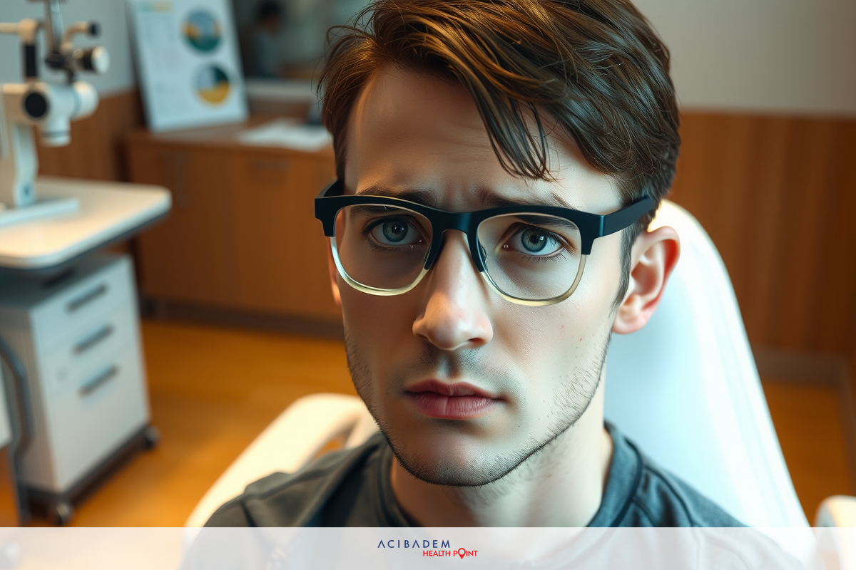 This is a photograph of a young man seated in what appears to be a dental or medical office, likely receiving an eye examination. The individual is wearing glasses and looking slightly worried or focused on the task at hand.