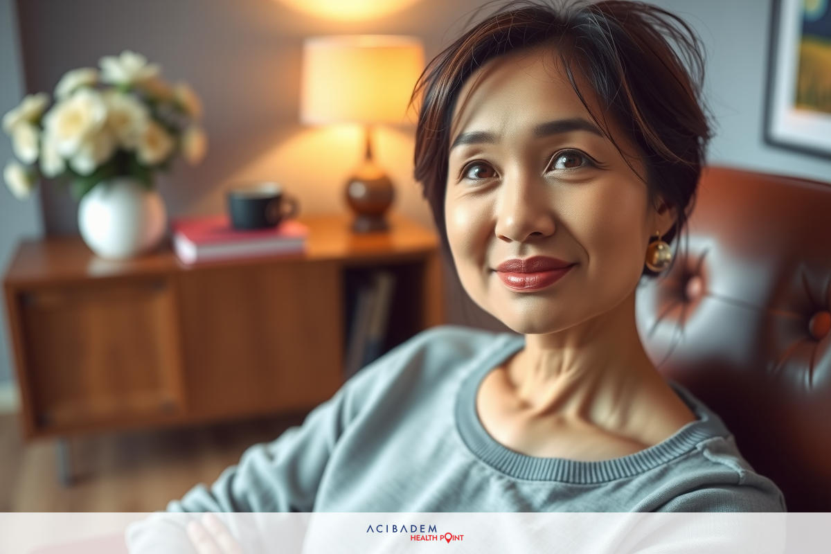 A woman with a confident expression sitting in an office setting, leaning slightly forward. She has shoulder-length hair and is wearing casual attire including a grey top. A modern living room in the background.