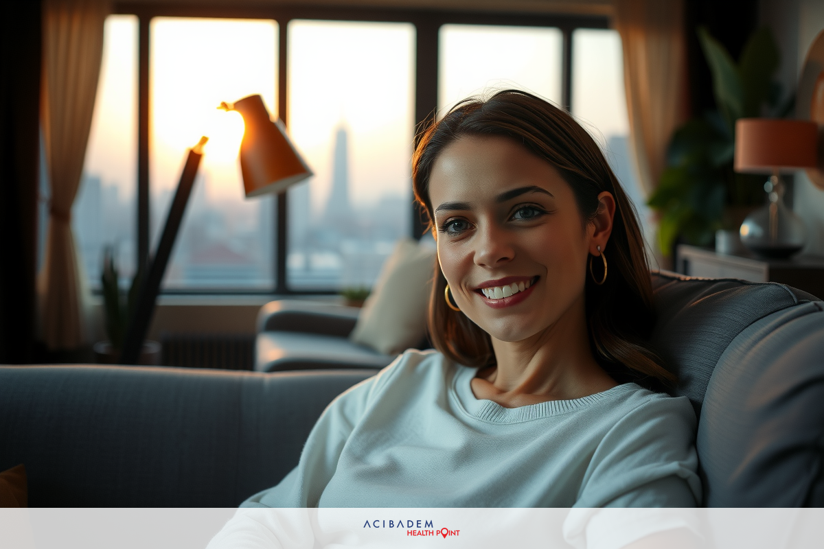 A woman smiling and sitting comfortably on a couch, looking towards the camera. She is wearing casual attire and appears relaxed in an indoor setting with city views visible through the large windows.