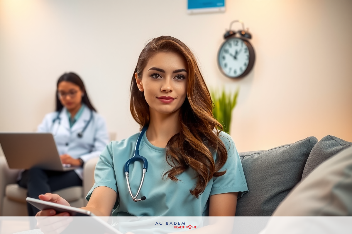 Two female medical professionals in a modern office setting. The woman on the left uses a laptop while the other, seated on the right, holds a tablet and appears focused or communicating.