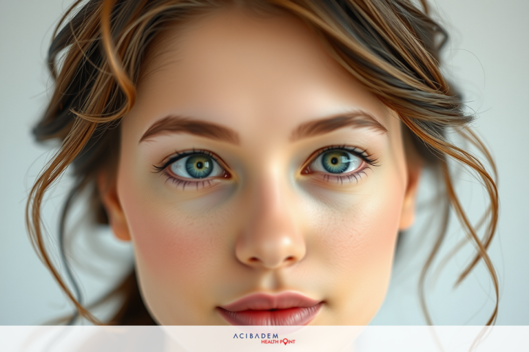 Close-up portrait of a young woman with clear skin, striking blue eyes and natural makeup. Her features are highlighted with subtle brush strokes on the cheeks for emphasis.