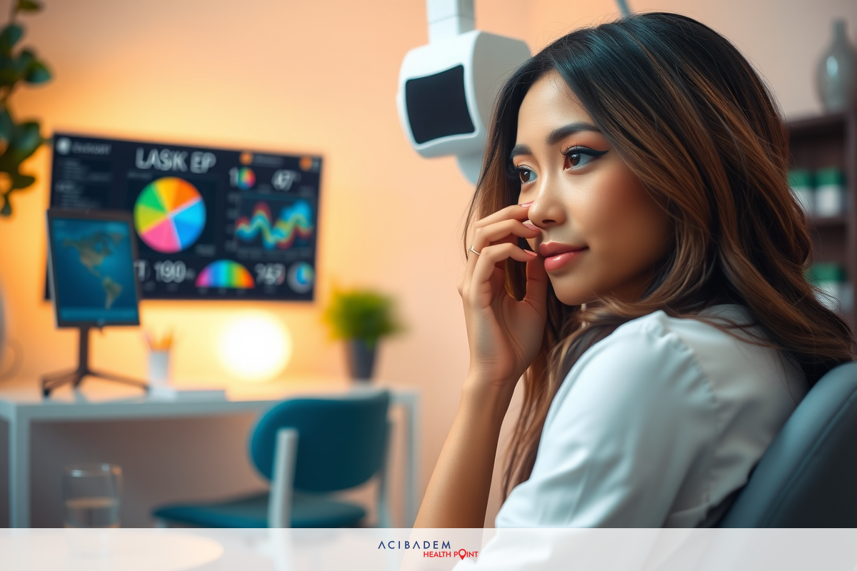 The image depicts a professional setting with a woman who appears to be in thought or possibly distress. She is seated at a desk, looking off to the side with her hand near her mouth, suggesting contemplation or concern. The environment suggests an office or clinical space, indicated by medical monitors and equipment.