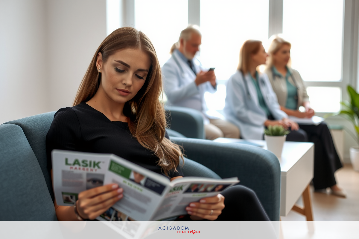 A woman in a business outfit is reading a magazine while sitting on a couch. She appears to be relaxed and engaged with the content of her magazine. The room has several other individuals seated or standing, suggesting a social or professional gathering.