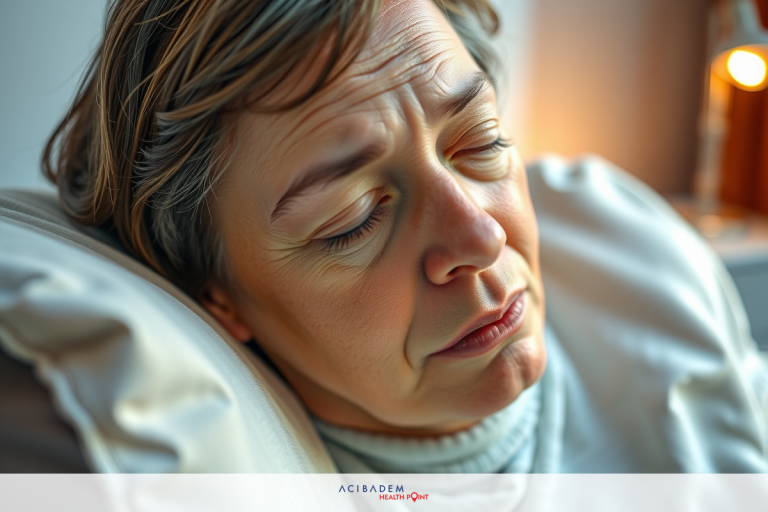 The image features an older woman lying down with her eyes closed, as if she is resting or perhaps asleep. The environment suggests a domestic setting, possibly indoors, given the white wall and lamp in the background.