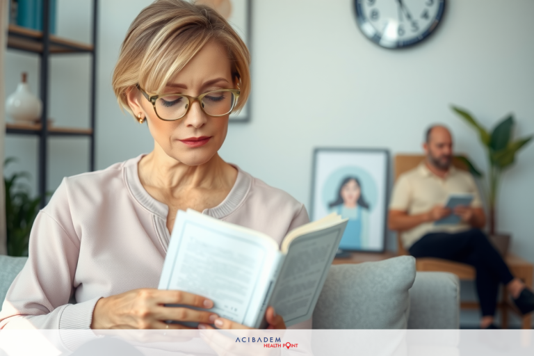 Does Laser Eye Surgery Need to be Repeated? A woman is seated on a gray couch reading a book with her glasses. She wears a light pink blouse and has brown hair. Her expression seems contemplative as she absorbs the content of the novel.