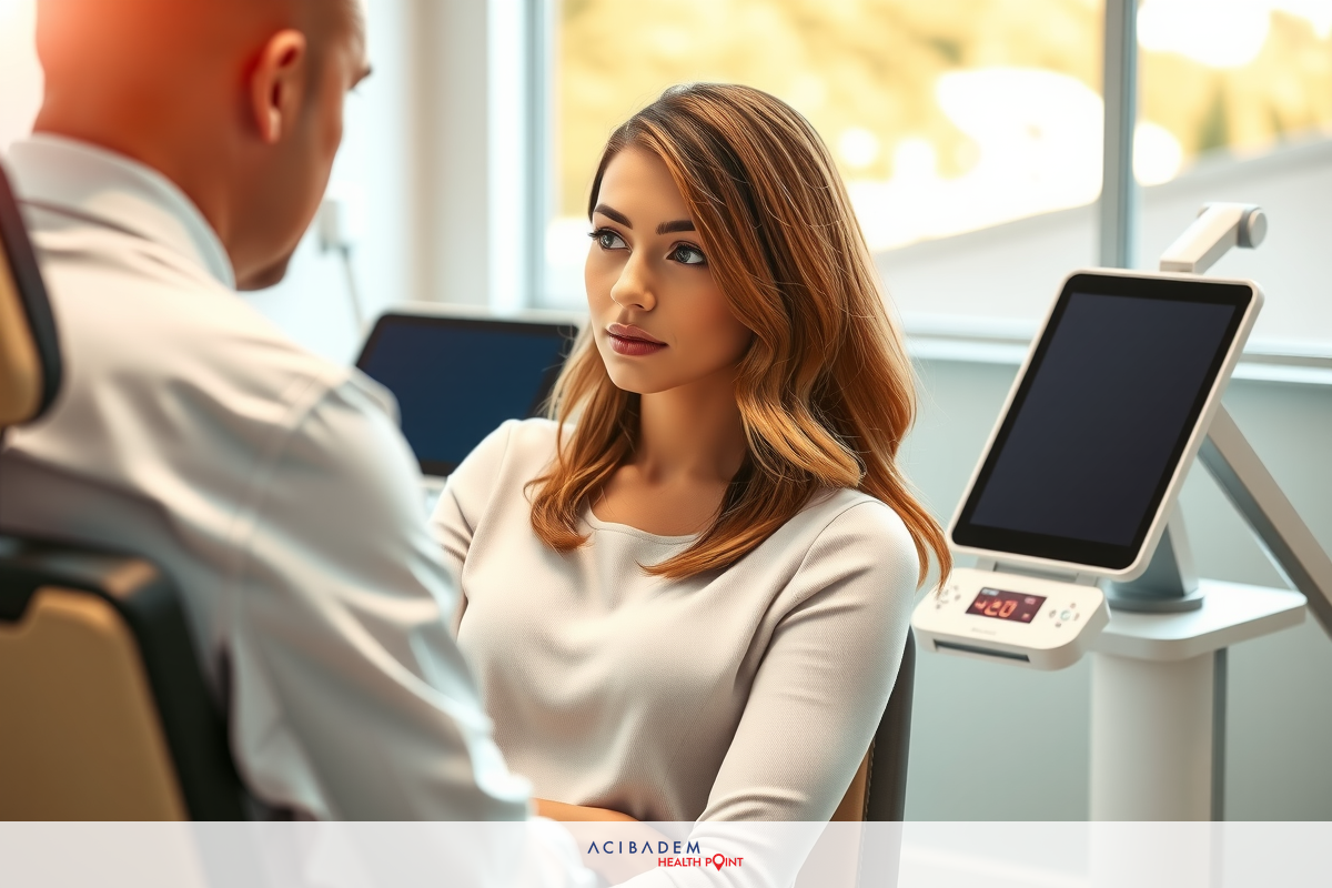 A young woman in a professional office environment, seated facing another person who appears to be a consultant or healthcare provider. The office is equipped with modern technology and chairs for patient consultations.